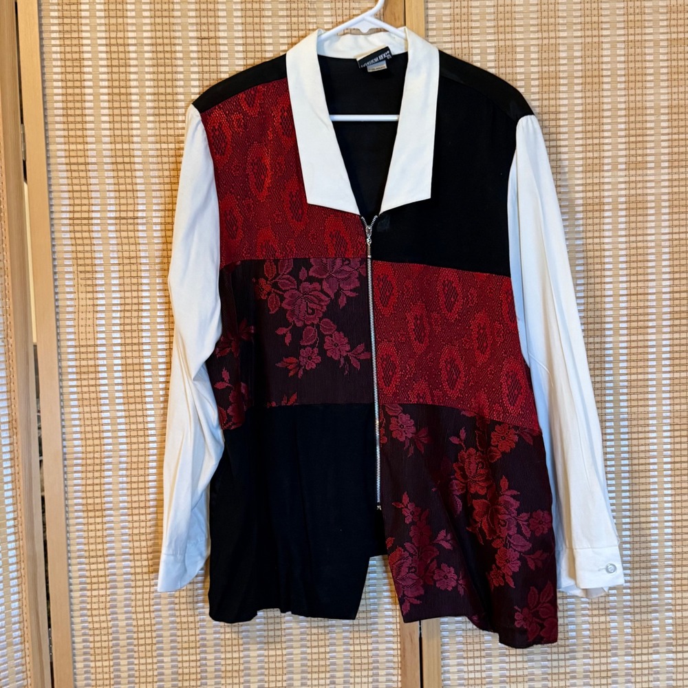Fashion Bug Vintage Colorblock Floral Jacquard Zip Front Blouse Red Black 22/24